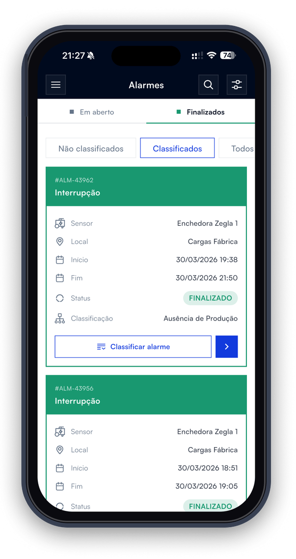 App BEM — tela de alarmes