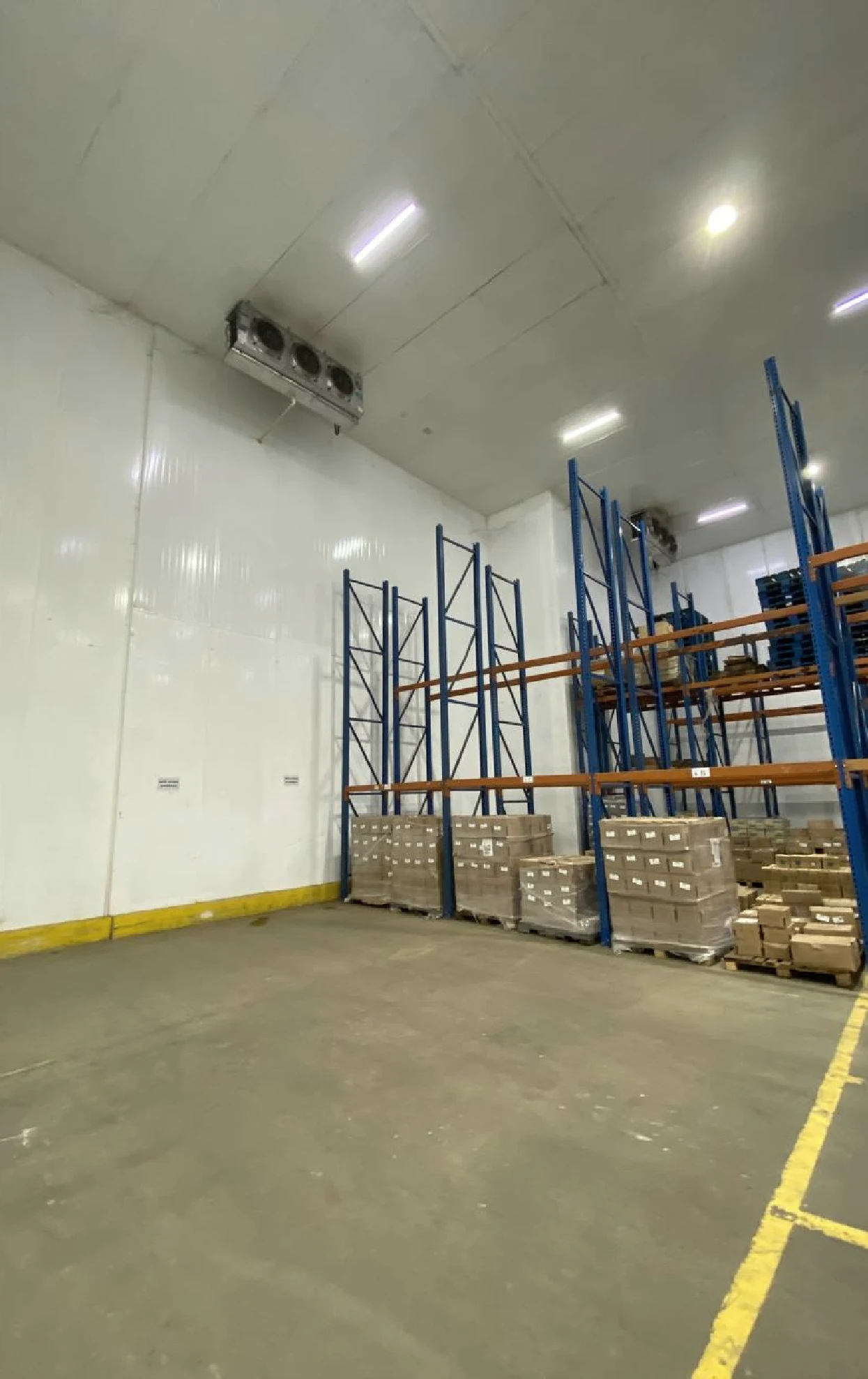 Interior de uma câmara fria com estruturas de armazenagem